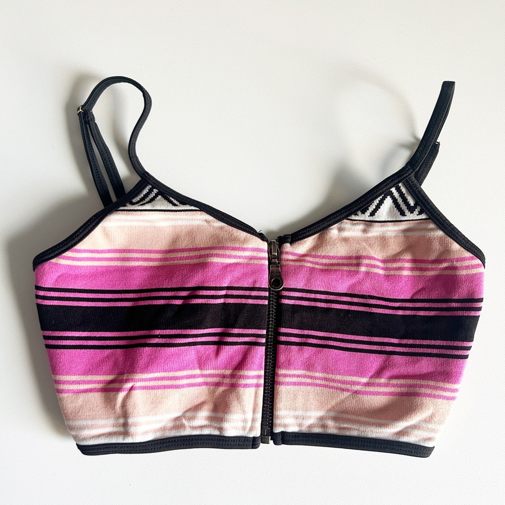 Lovers + Friends Revolve Zip Front Melody Knit Bikini Swim Top Desert Stripe‎